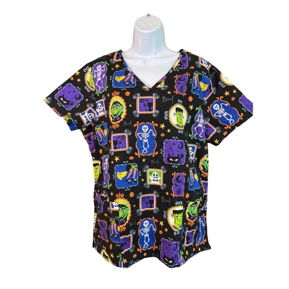 SB Scrubs Halloween Print Top L Witch Skeleton Cat Bat Pumpkin Nurse Shirt - Picture 2 of 8